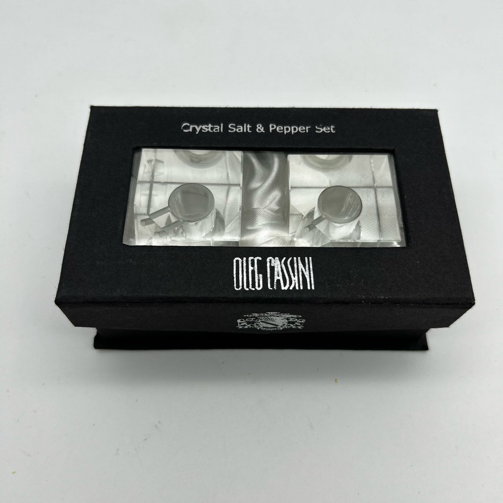 New Oleg Cassini Crystal Salt Pepper Shakers Prism Cube Designer Signed